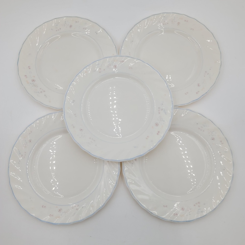 5 Arcopal Victorian Floral Salad Plates White Swirl Scalloped 7.75" FADED